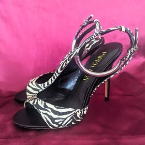 Paper Fox Black & White Zebra Print Slingback Open Toe Heels Stiletto Shoes 7.5